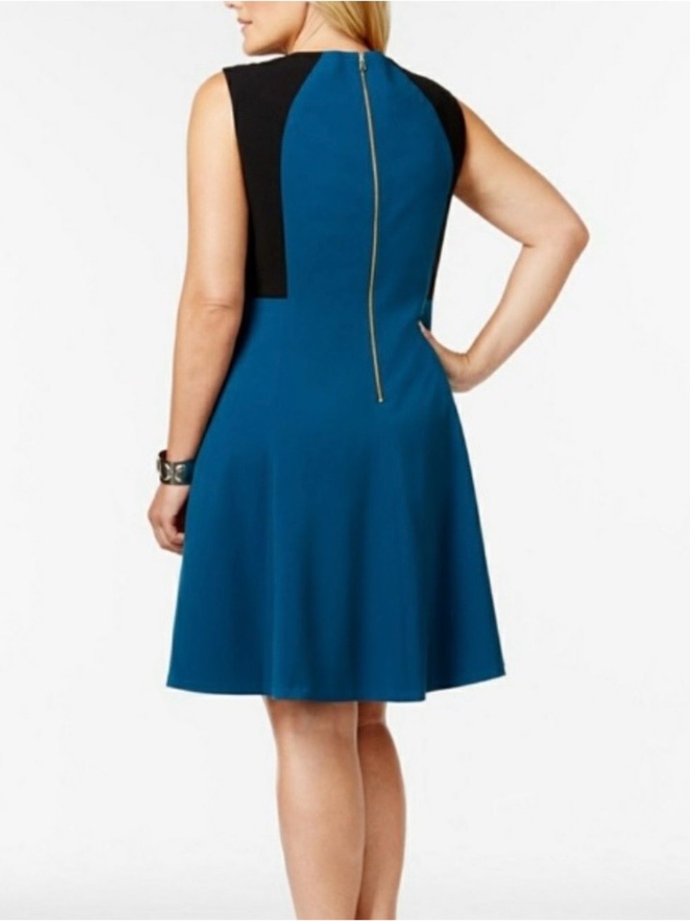 Nine West Teal Sleeveless A-Line Dress with Black Panels - Picture 2 of 12